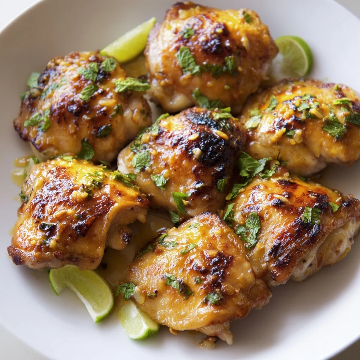 Tender Cuban Mojo Chicken Thighs garnished with fresh cilantro and lime wedges