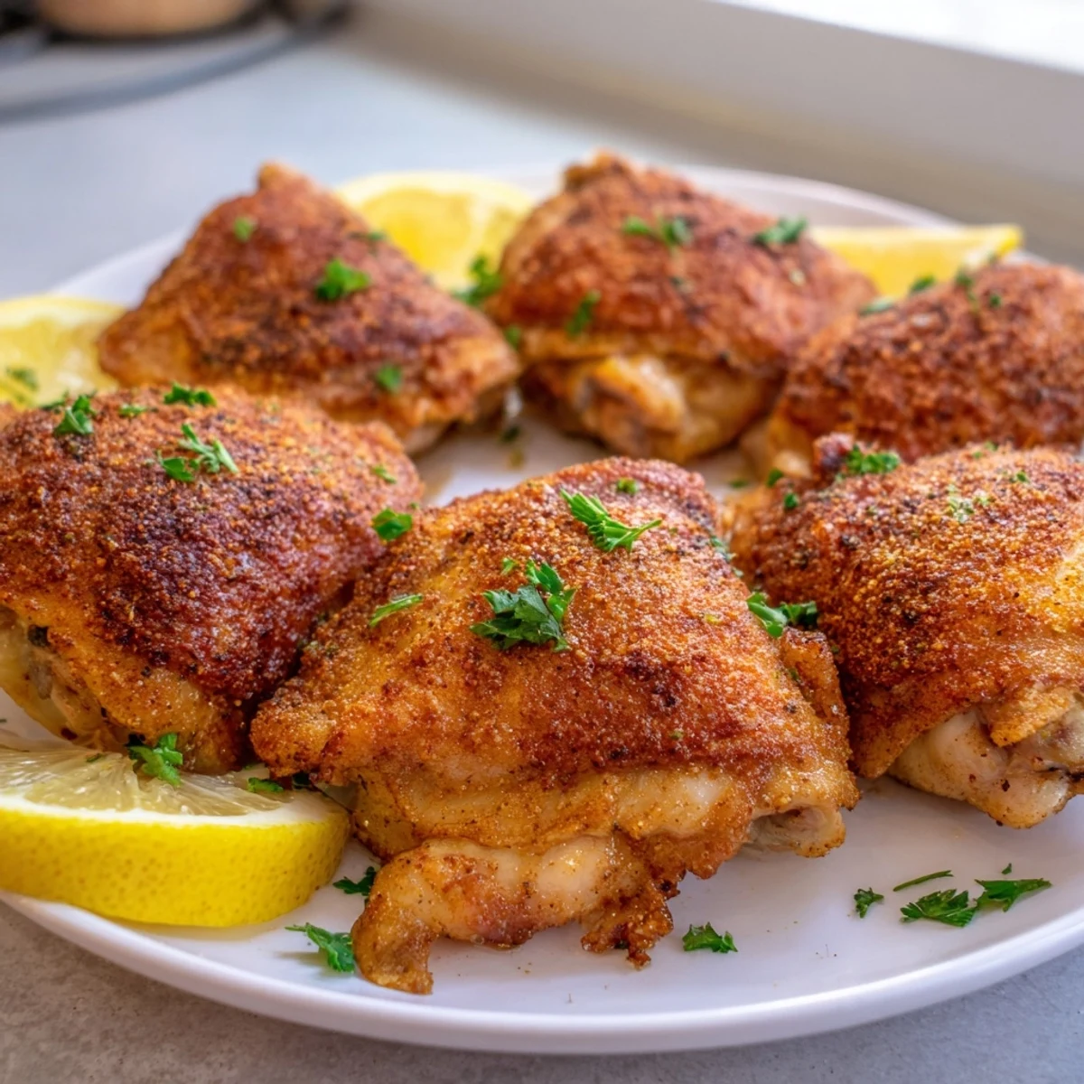 Crispy golden Old Bay chicken thighs roasted on a sheet pan with herbs