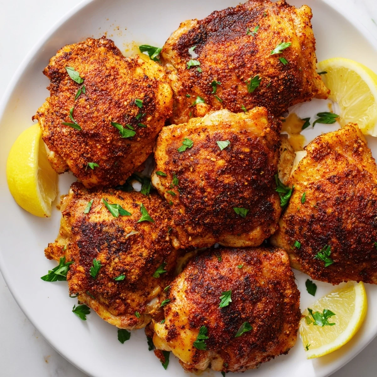 Juicy Old Bay chicken thighs garnished with parsley and fresh lemon wedges
