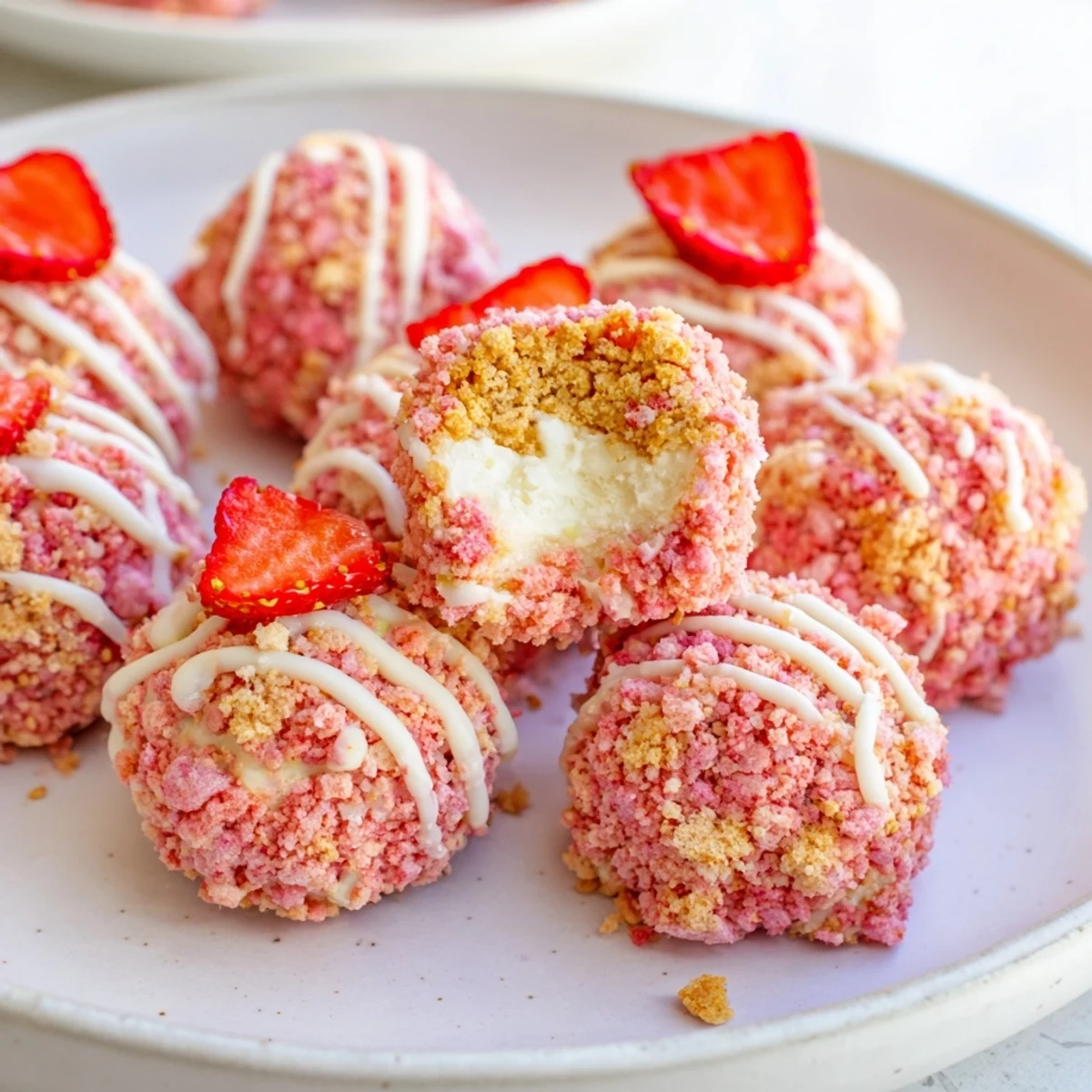 Creamy strawberry crunch cheesecake bites coated in bright pink cookie crumbles on a tray
