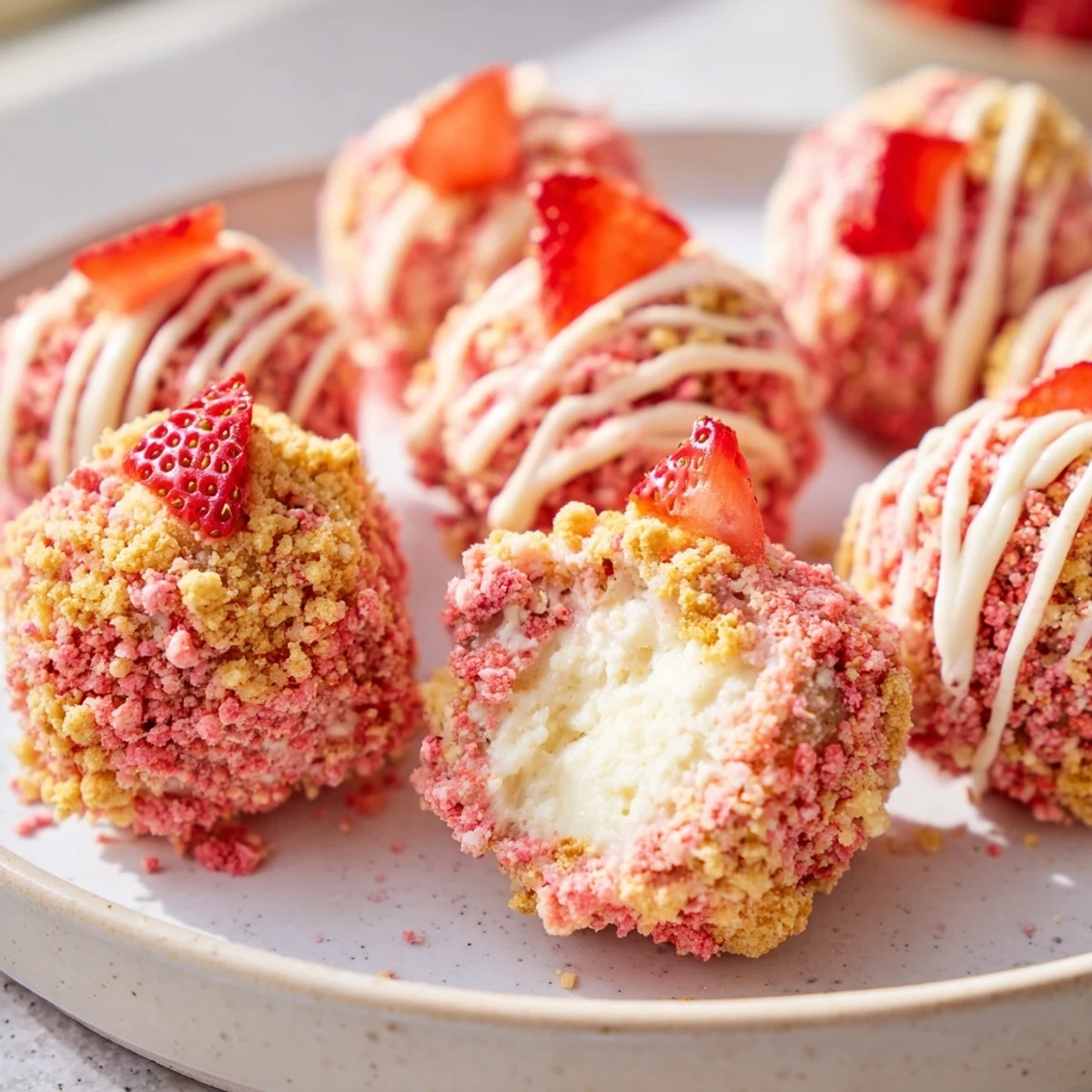 Golden strawberry crunch cheesecake bites drizzled with white chocolate and topped with fresh berries