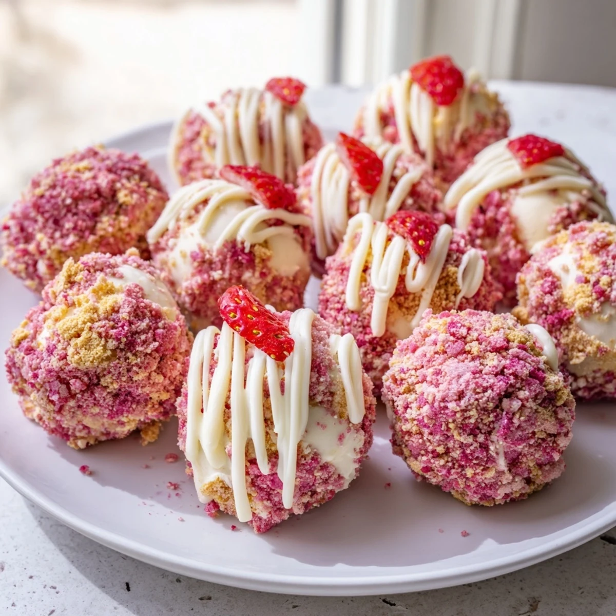 Fluffy no-bake strawberry crunch cheesecake bites rolled in crispy freeze-dried strawberry cookie coating