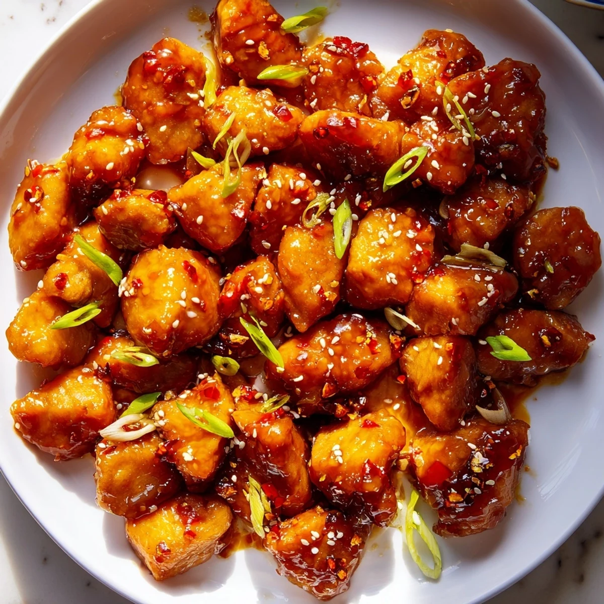 Glossy baked orange chicken glazed in sticky sauce over steamed white rice