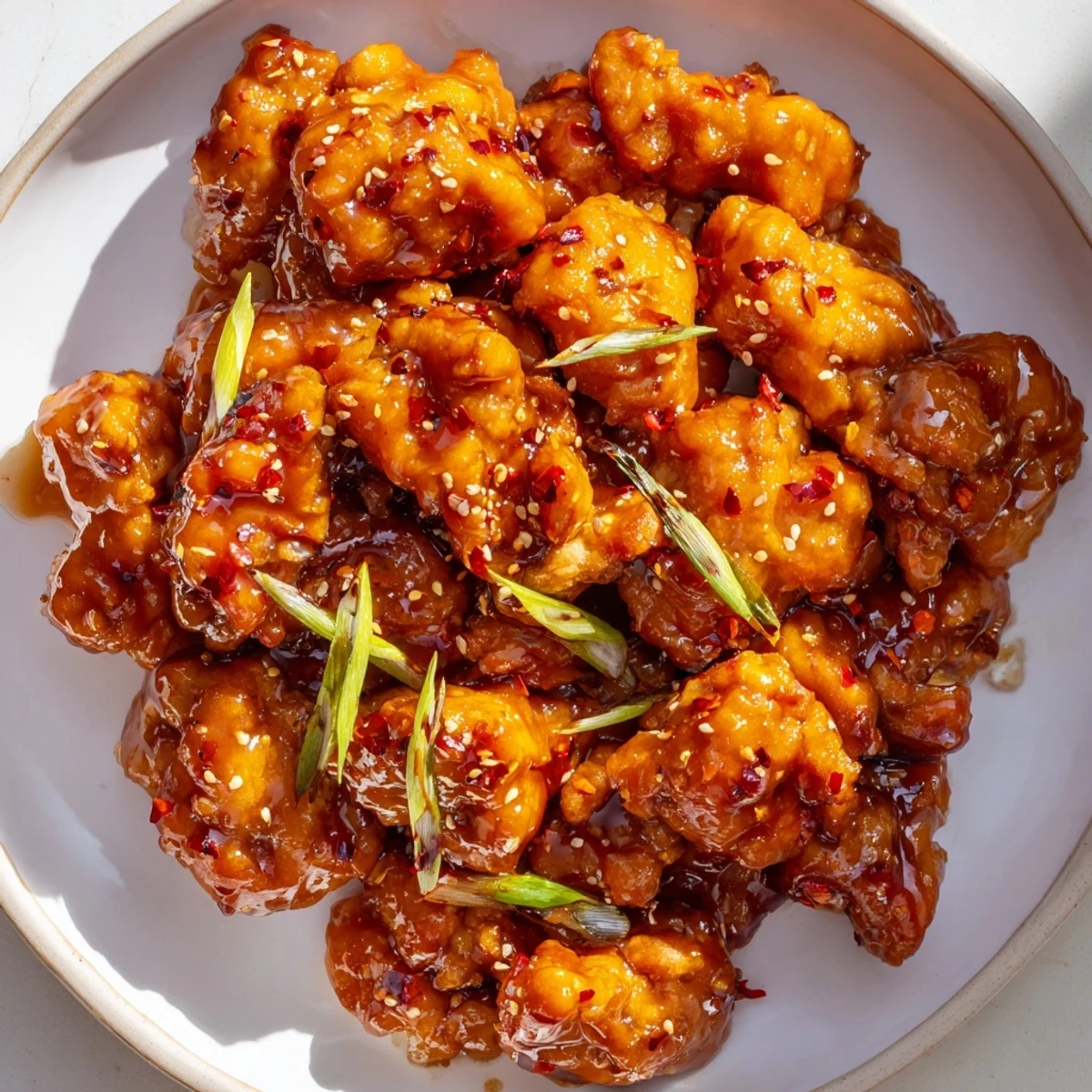 Crispy baked orange chicken tossed in tangy citrus sauce with sesame seeds