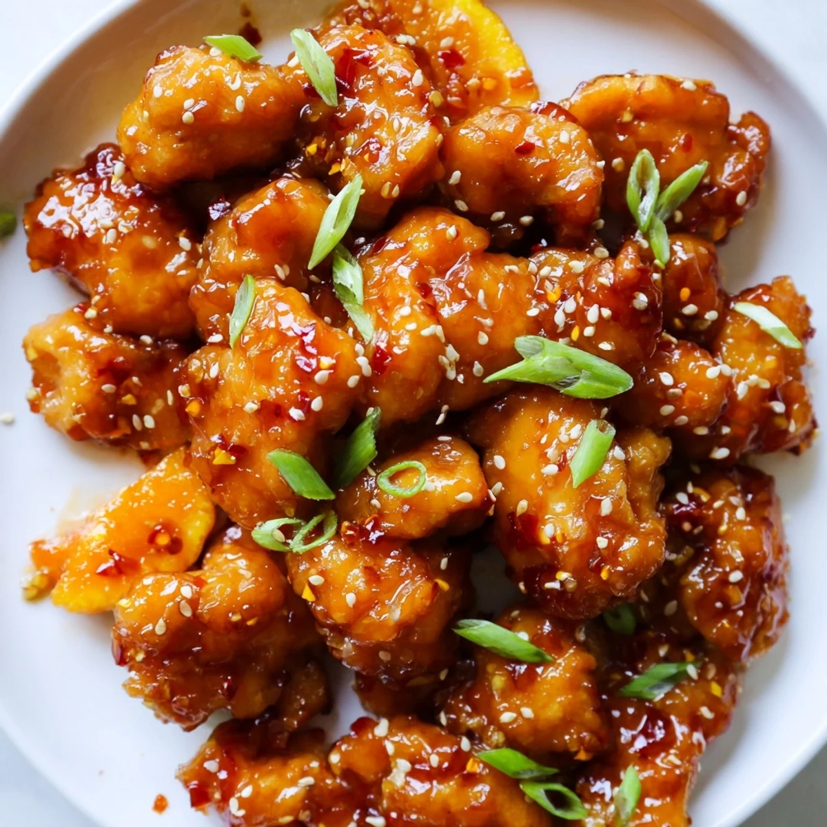 Golden baked orange chicken drizzled with sweet orange glaze and garnished with scallions