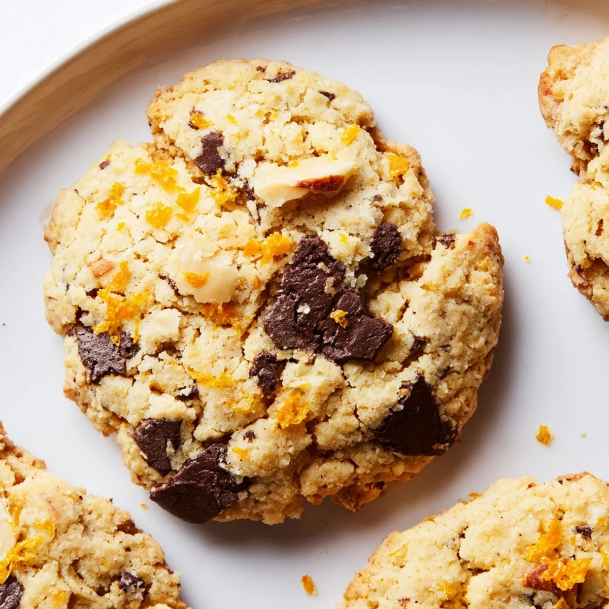 Warm Orange Almond Chocolate Chunk Cookies fresh from the oven with melty centers
