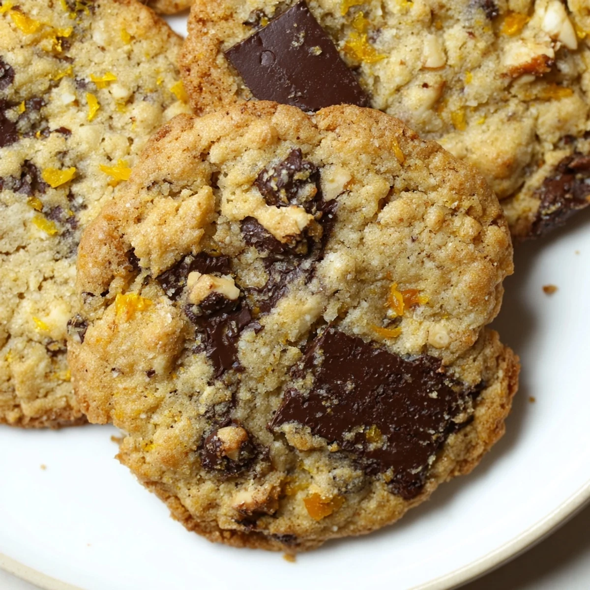 Golden Orange Almond Chocolate Chunk Cookies topped with crunchy almonds on a rustic plate