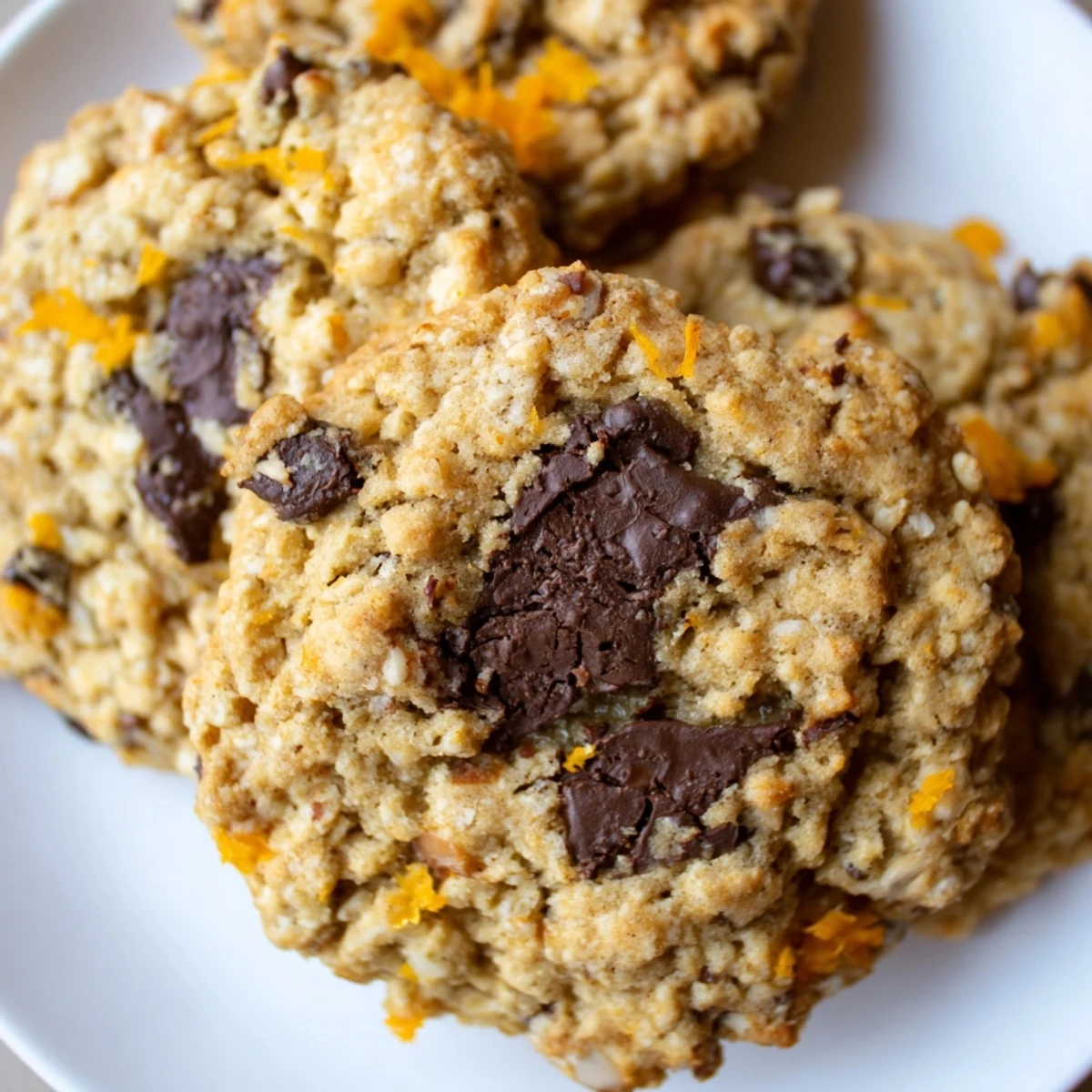Close-up of Orange Almond Chocolate Chunk Cookies with gooey chocolate and bright citrus zest