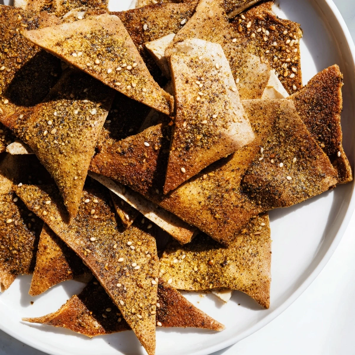 Golden crispy zaatar pita chips fresh from the oven with fragrant herb seasoning