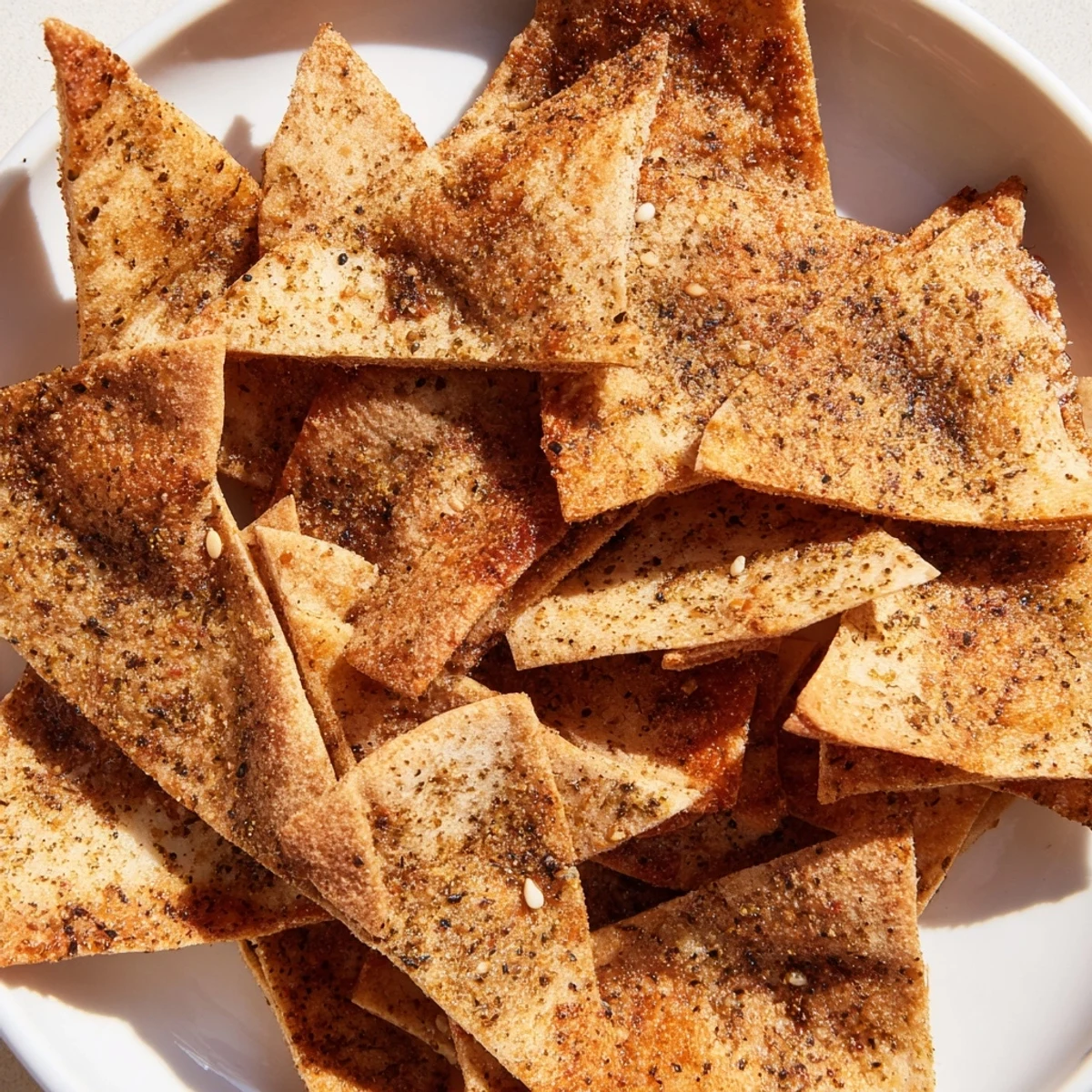Zaatar pita chips arranged on a rustic plate beside creamy hummus dip