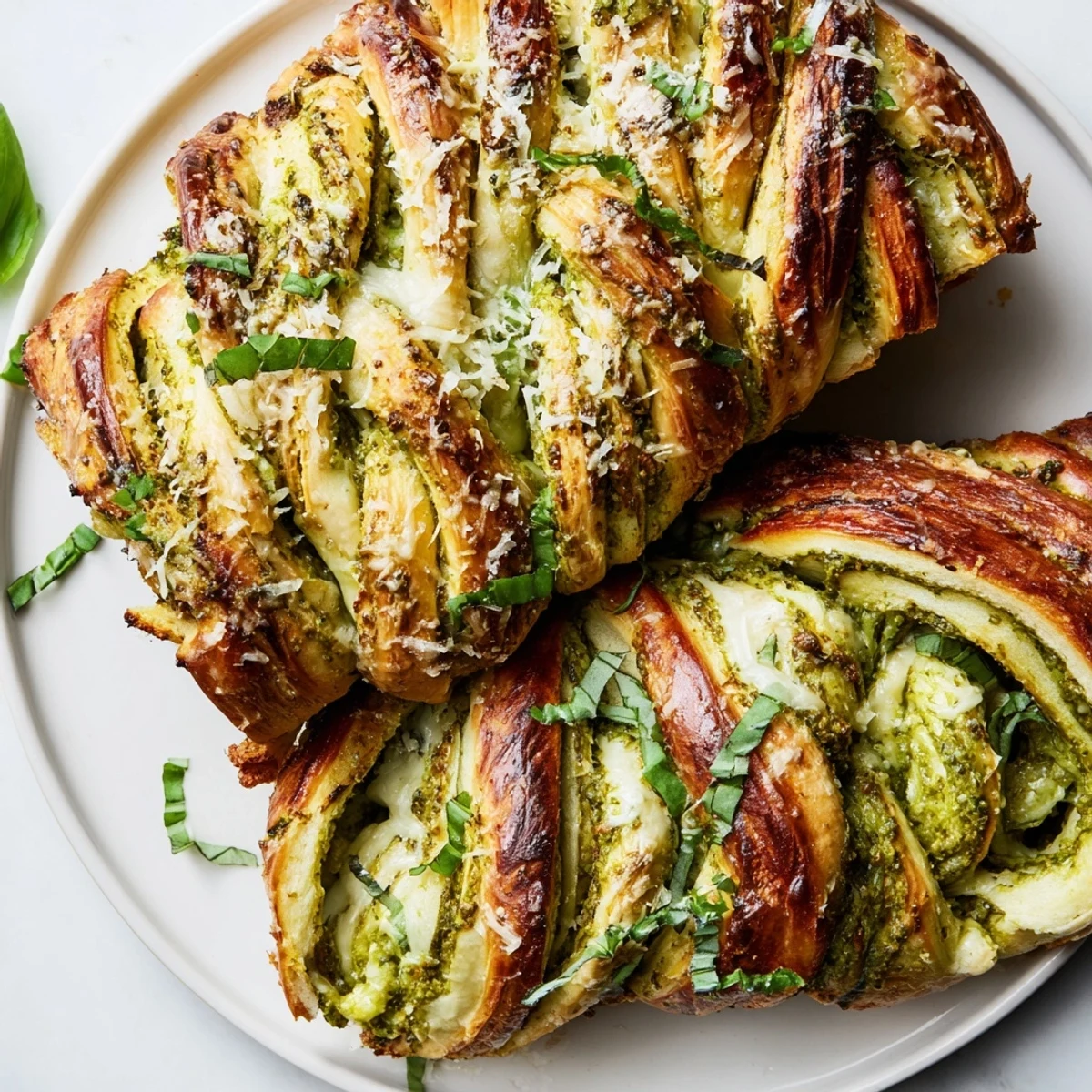 Golden braided pesto bread with melted mozzarella and parmesan pulled apart on a rustic cutting board