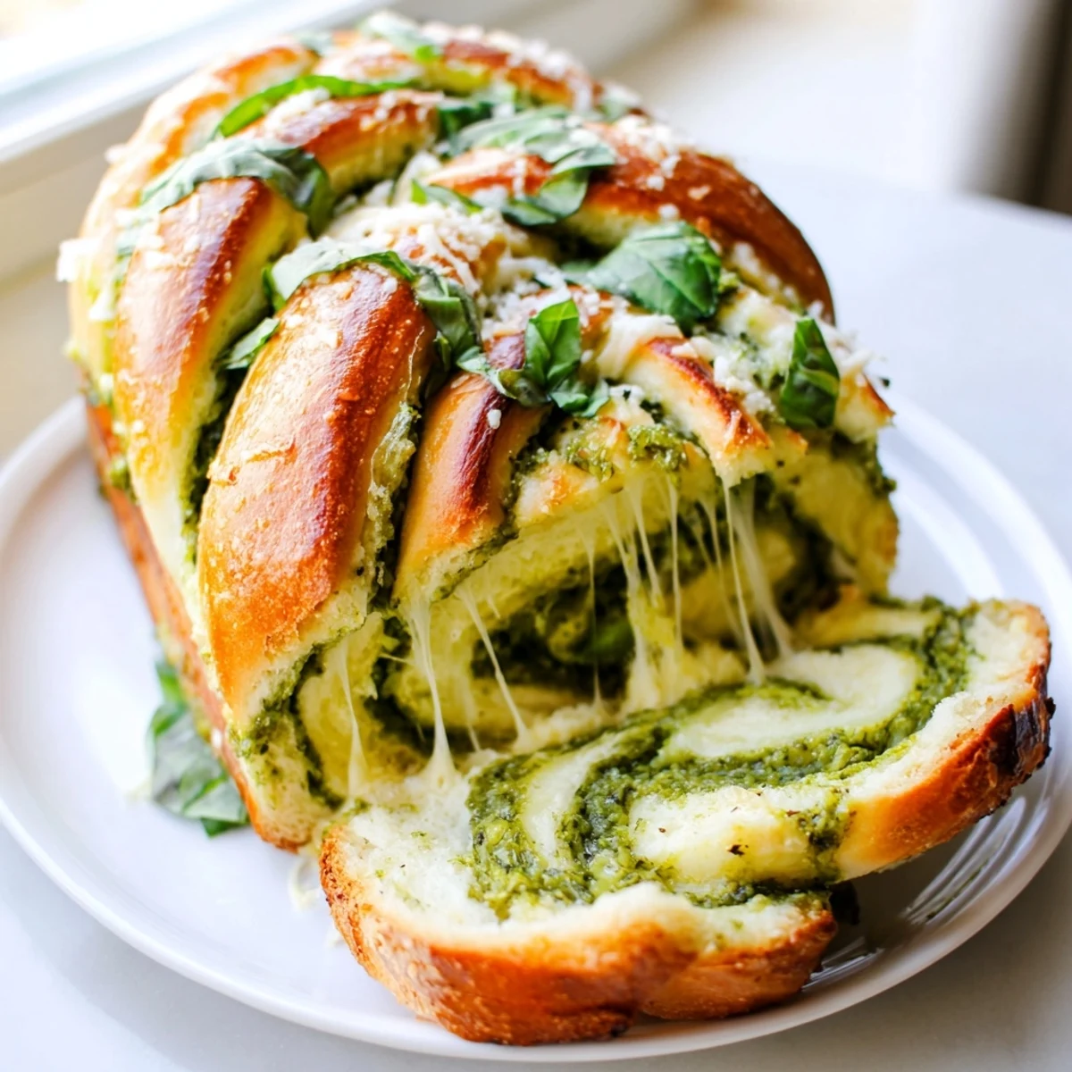 Warm cheesy braided pesto bread sliced open revealing stretchy mozzarella and vibrant green basil filling