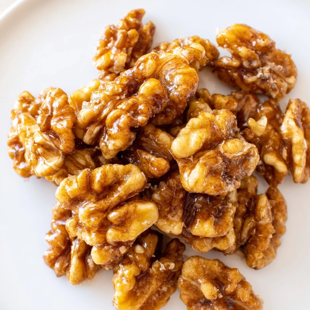 Glossy maple cinnamon walnuts cooling on parchment with a golden caramelized glaze