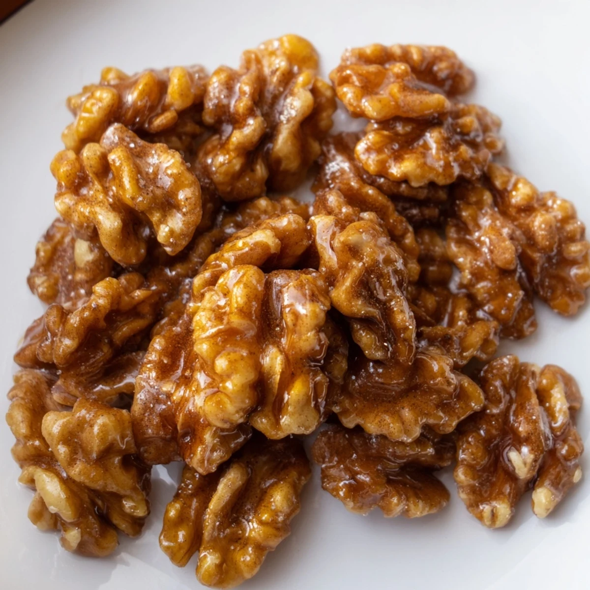 Crunchy maple cinnamon walnuts clustered on a rustic wooden serving board