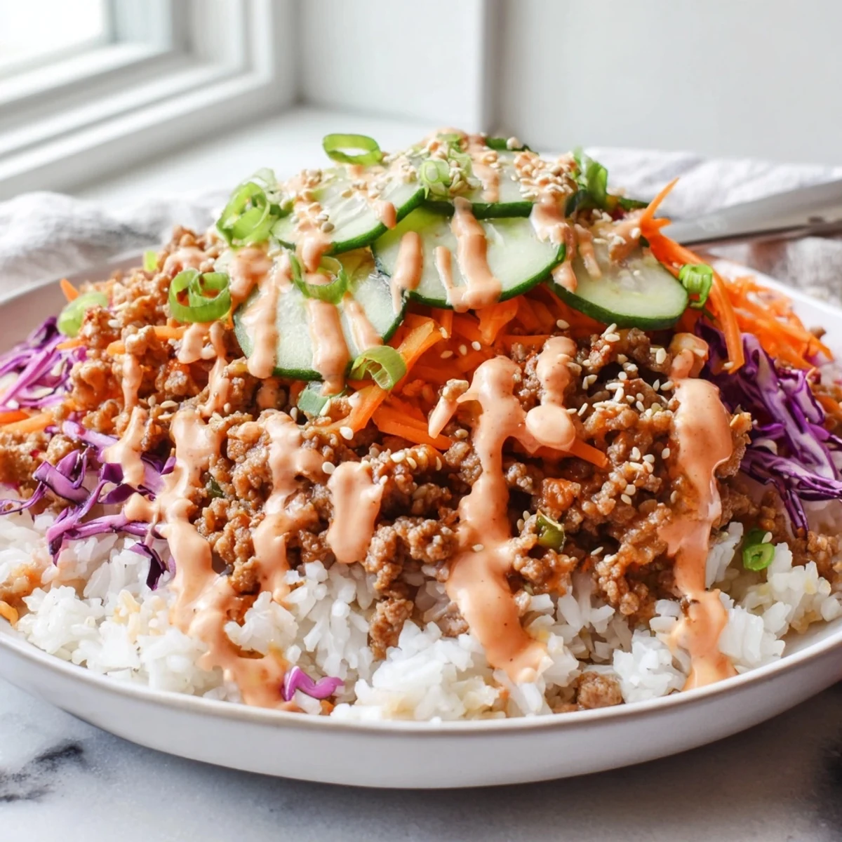 Ground turkey rice bowls featuring fresh shredded carrots, cucumber, and a generous swirl of Bang Bang sauce