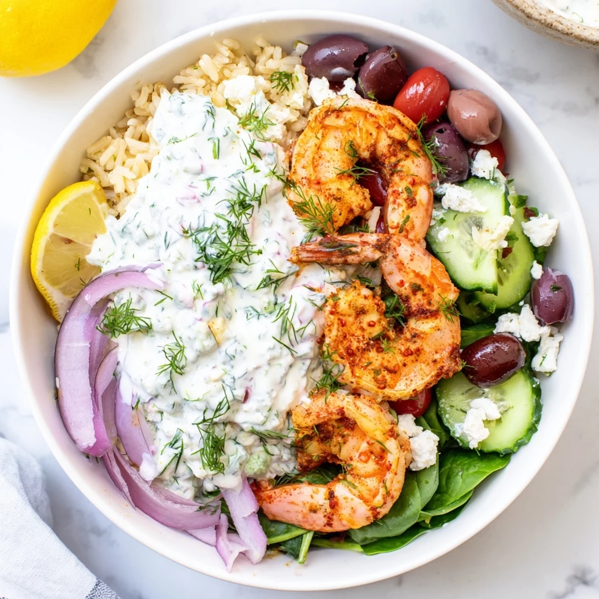 Juicy herb-marinated shrimp nestled over lemony rice with crisp vegetables and cool tzatziki in this Greek Shrimp Mediterranean Bowl
