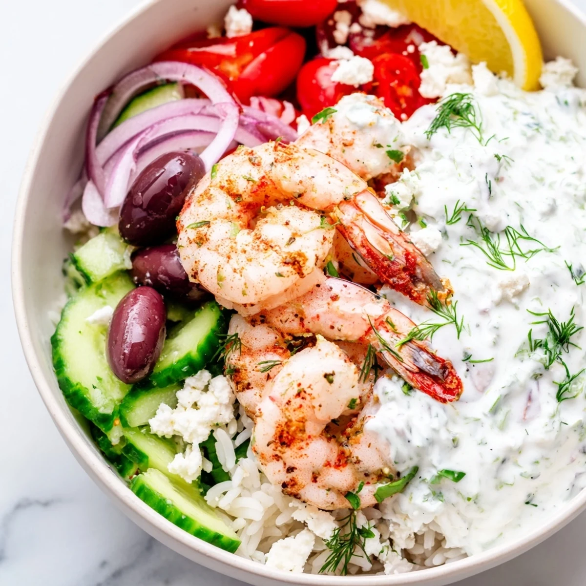 Golden seared shrimp crowning a colorful bed of spinach, tomatoes, olives, and creamy feta in a vibrant Greek Shrimp Mediterranean Bowl