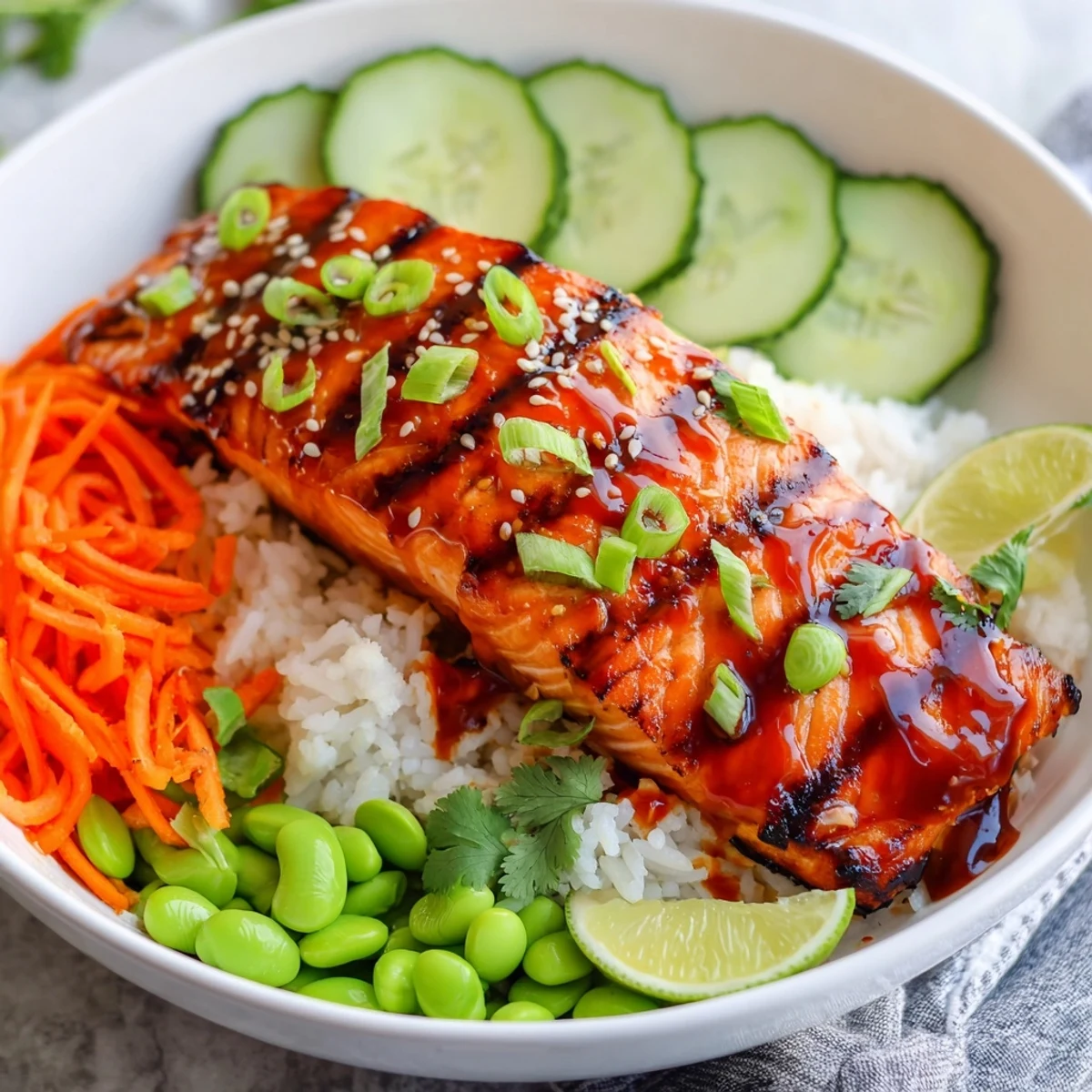 Caramelized sriracha honey glazed salmon bowls topped with sesame seeds and fresh lime wedges