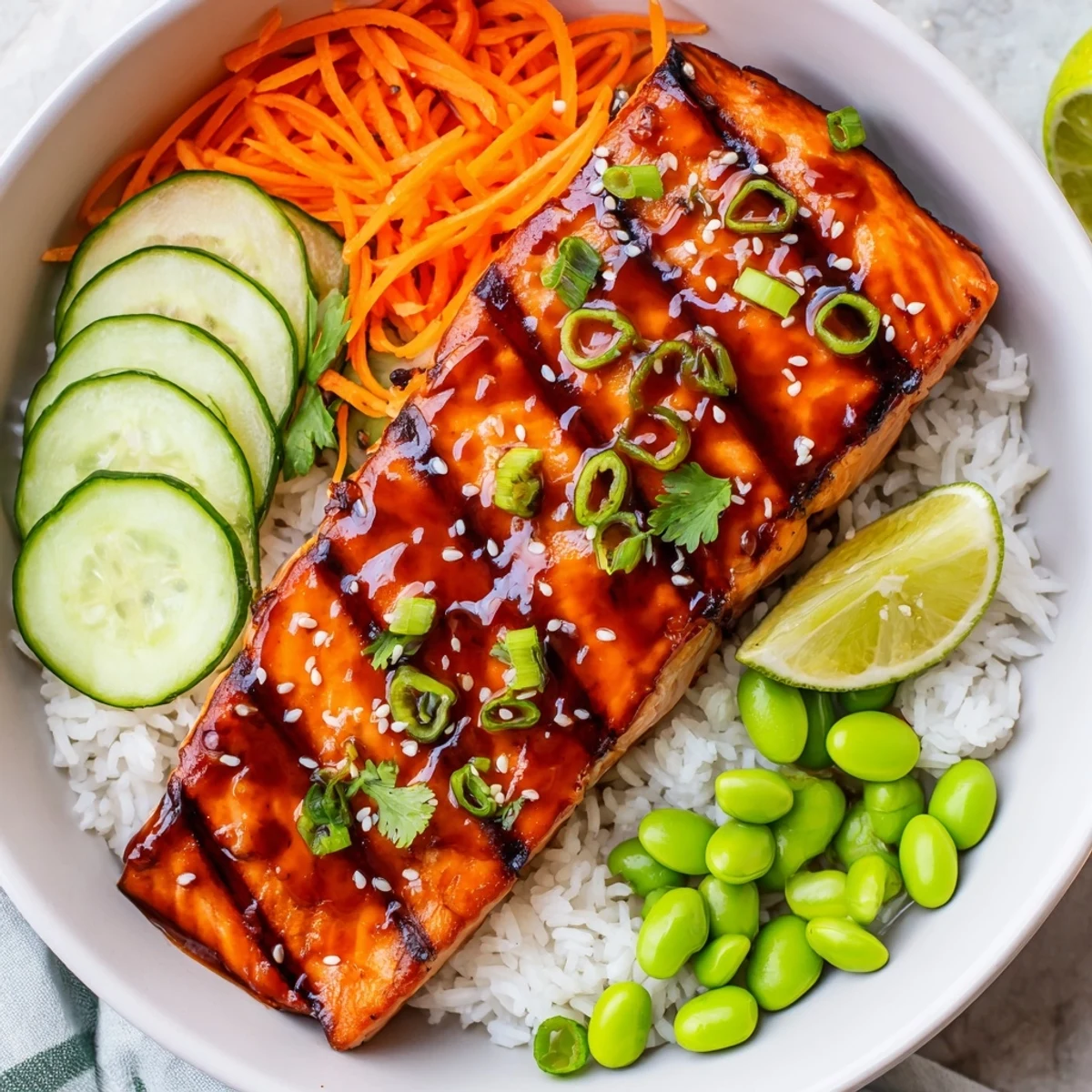 Spicy sriracha honey glazed salmon bowls drizzled with sticky glaze beside shredded carrots and edamame