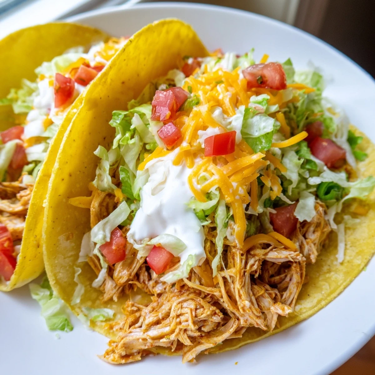 Slow Cooker Ranch Chicken Tacos topped with melted cheese, sour cream, and fresh cilantro on soft tortillas