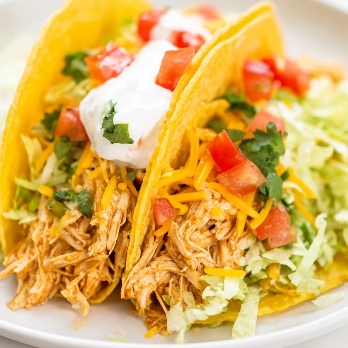 Creamy Slow Cooker Ranch Chicken Tacos served on warm corn tortillas with diced tomatoes and cool sour cream