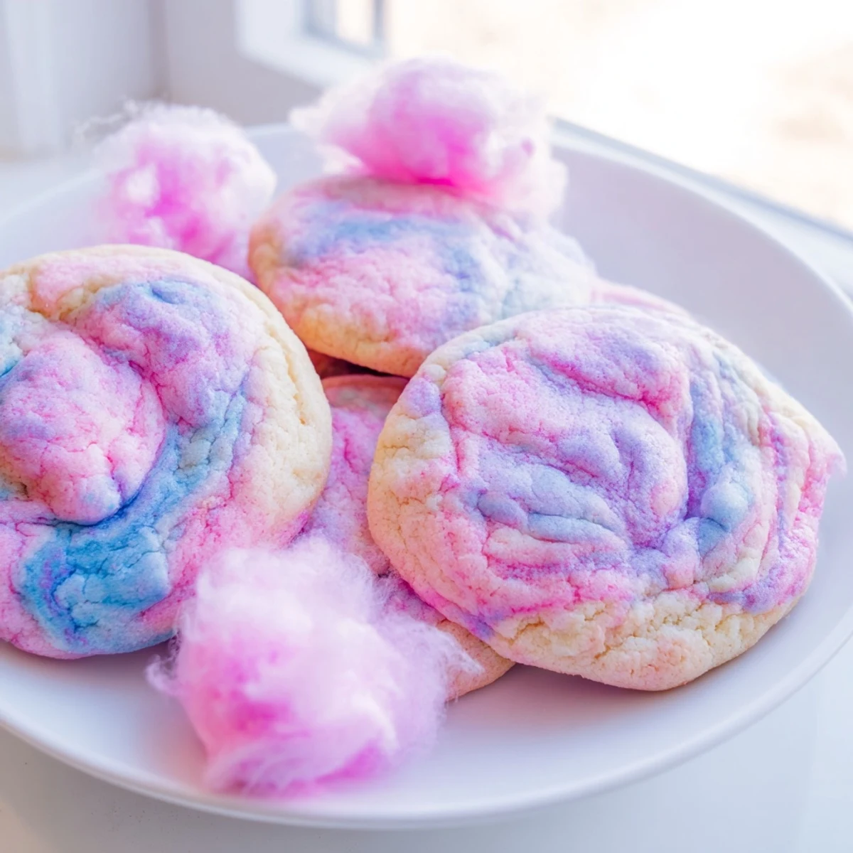 Swirled pink and blue cotton candy cookies with soft chewy centers on a parchment-lined baking sheet