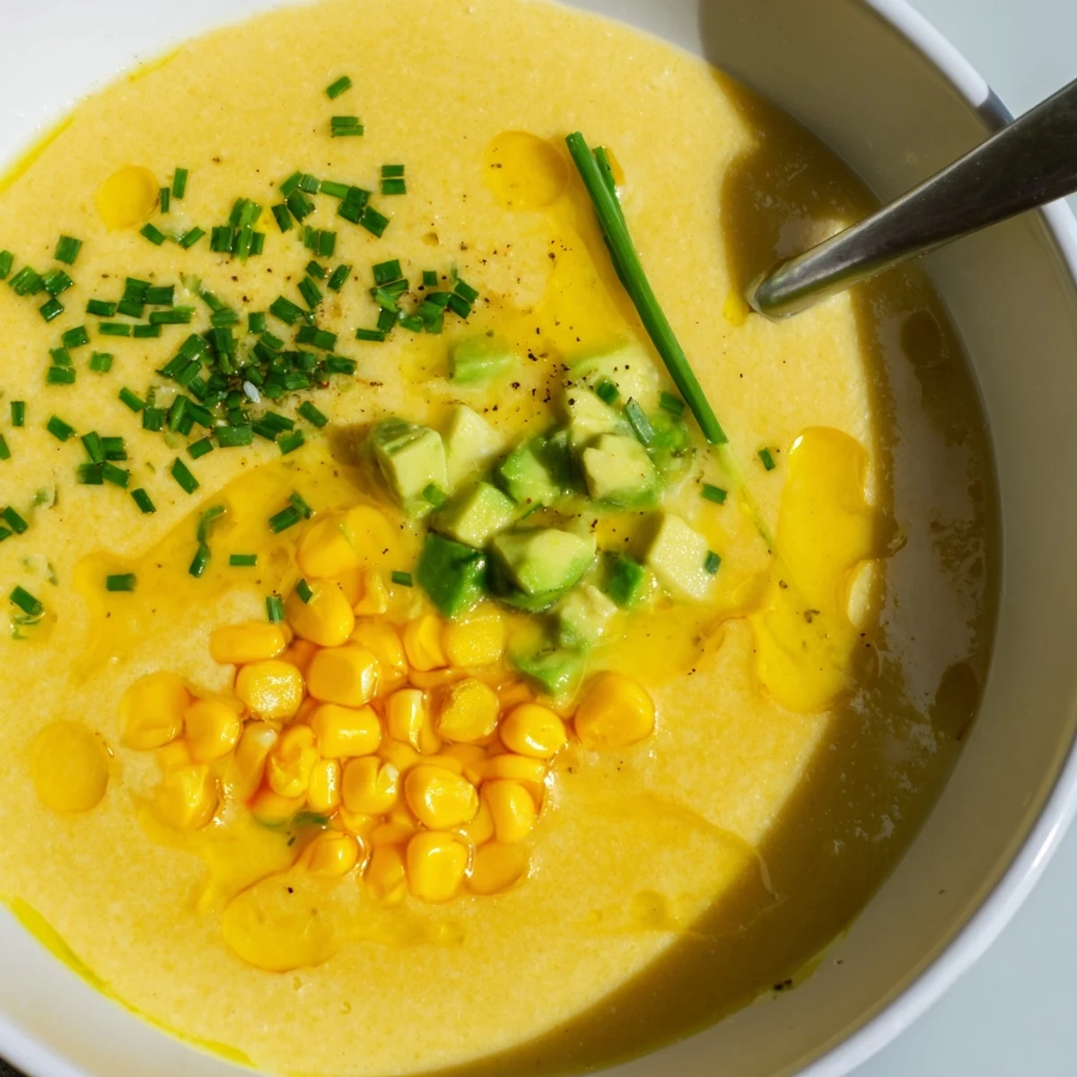 Golden Summer Sweet Corn Gazpacho served chilled in a rustic bowl with avocado garnish