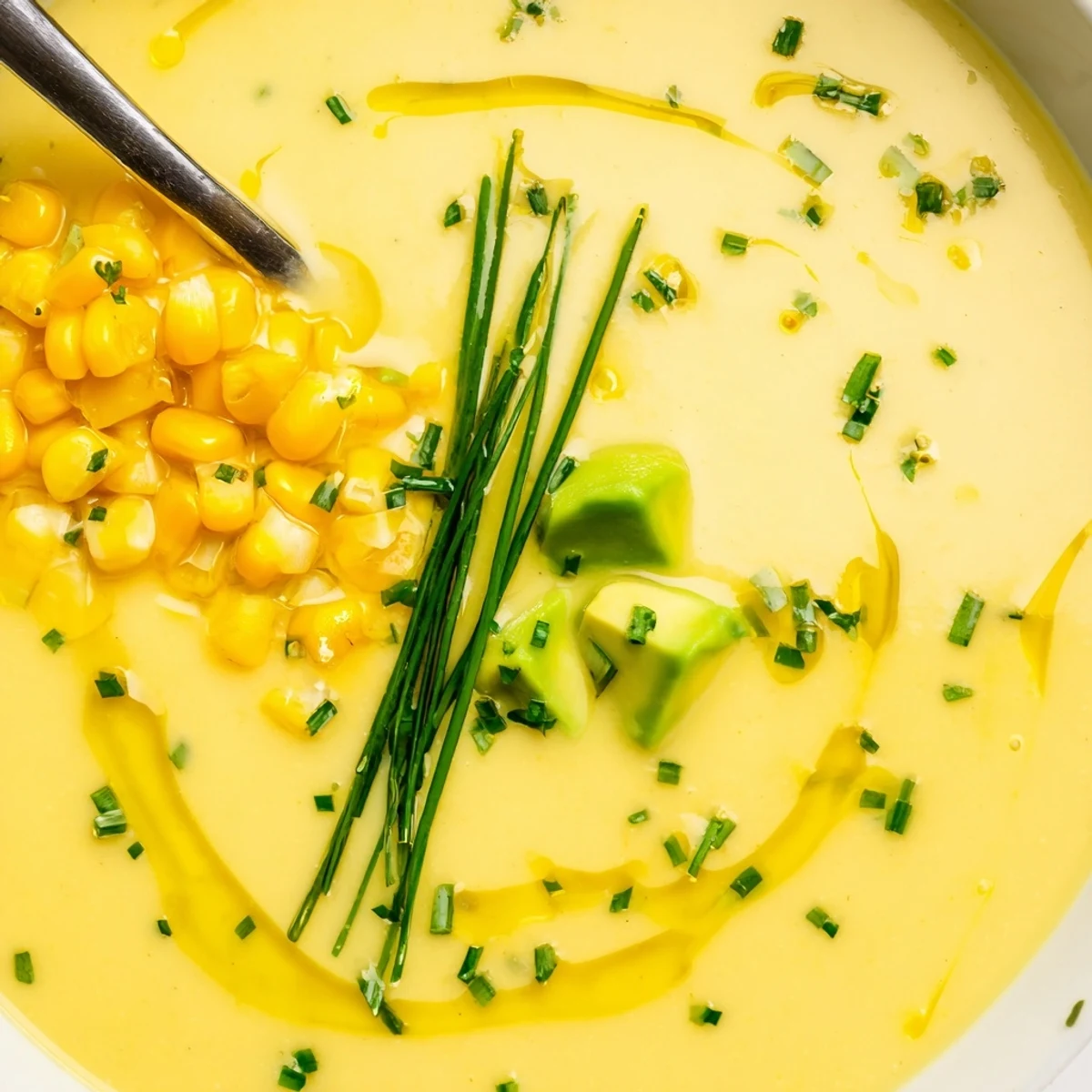 Creamy yellow Summer Sweet Corn Gazpacho topped with fresh herbs and crispy vegetables