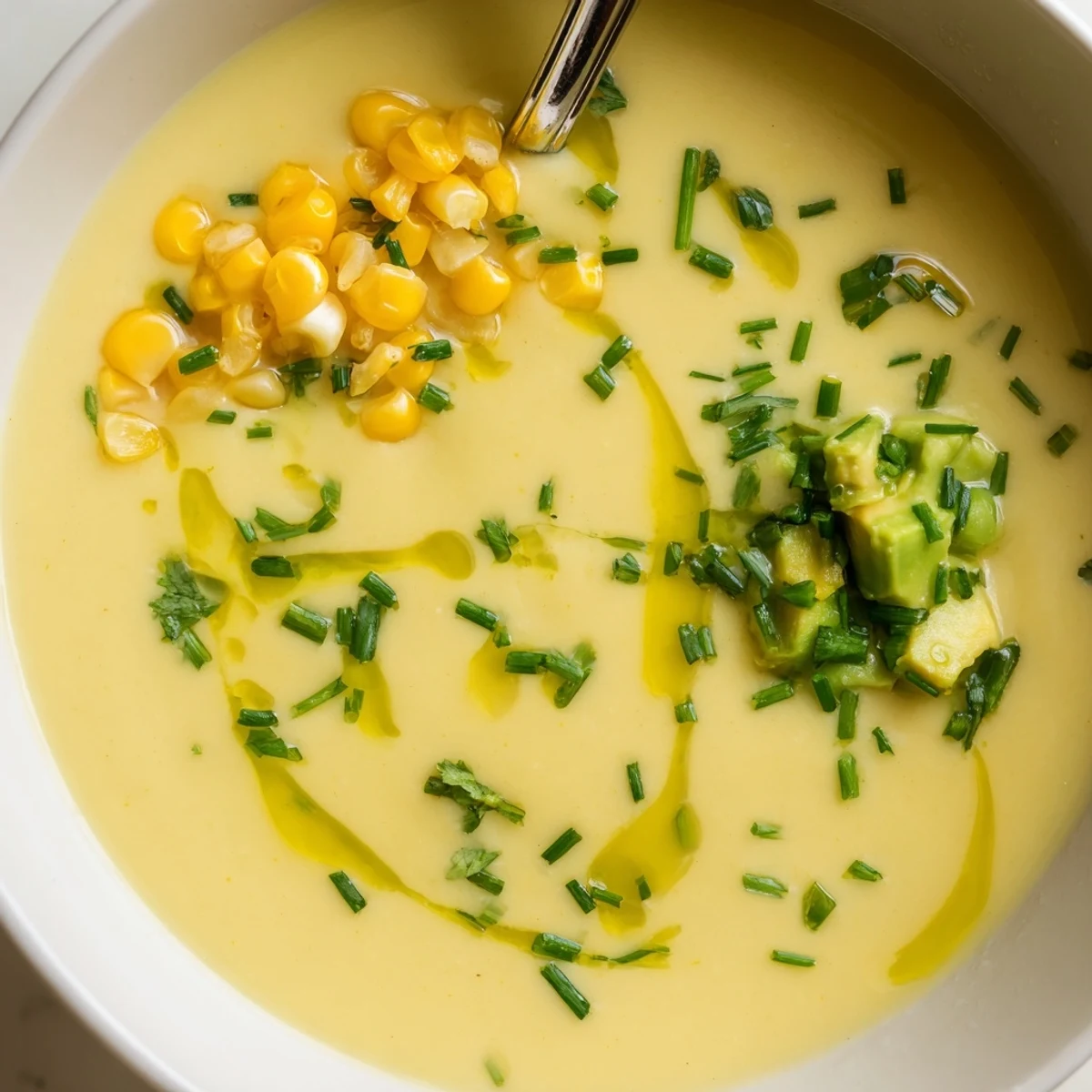 Vibrant Summer Sweet Corn Gazpacho drizzled with olive oil beside crusty dipping bread