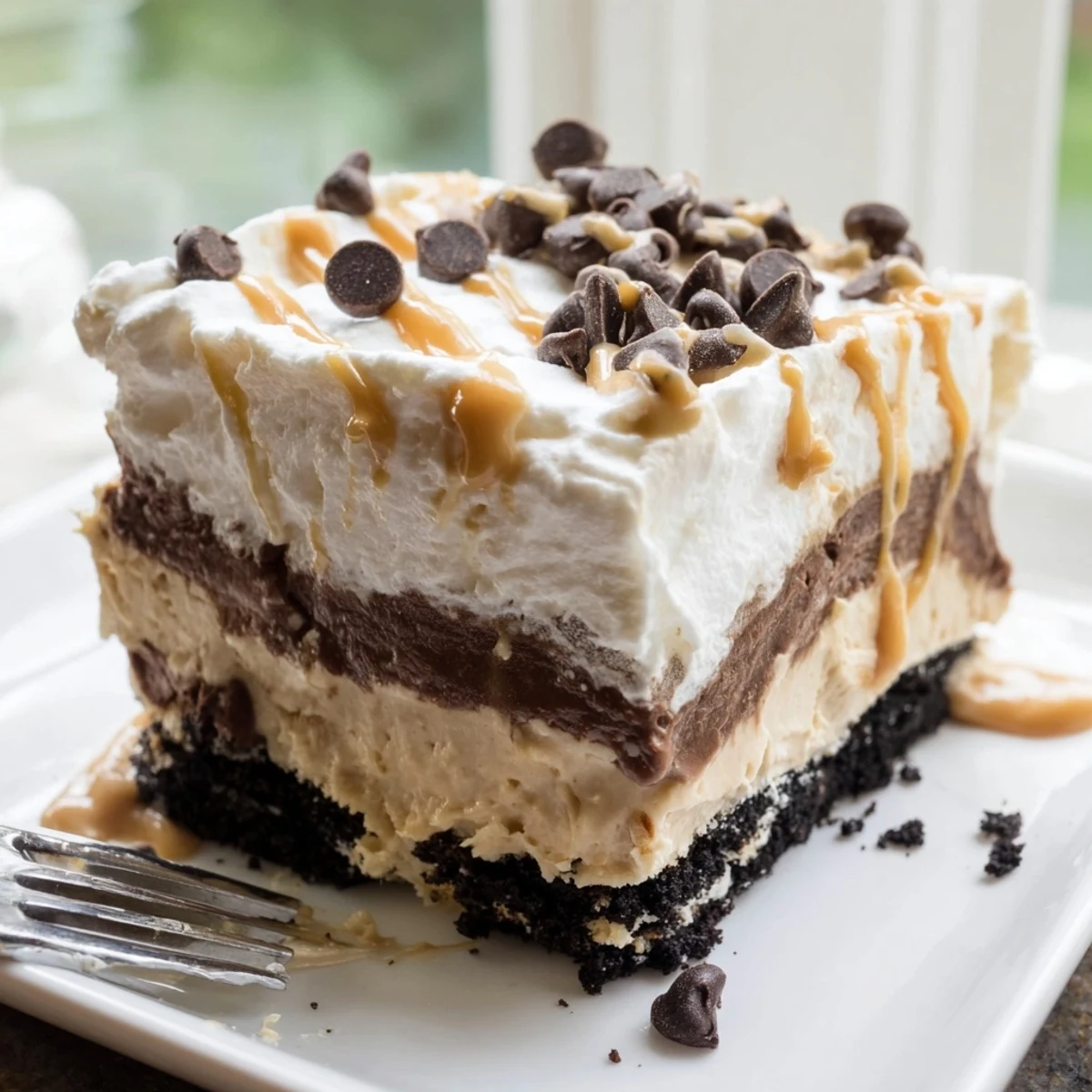 Peanut butter layered delight topped with whipped cream and a chocolate drizzle