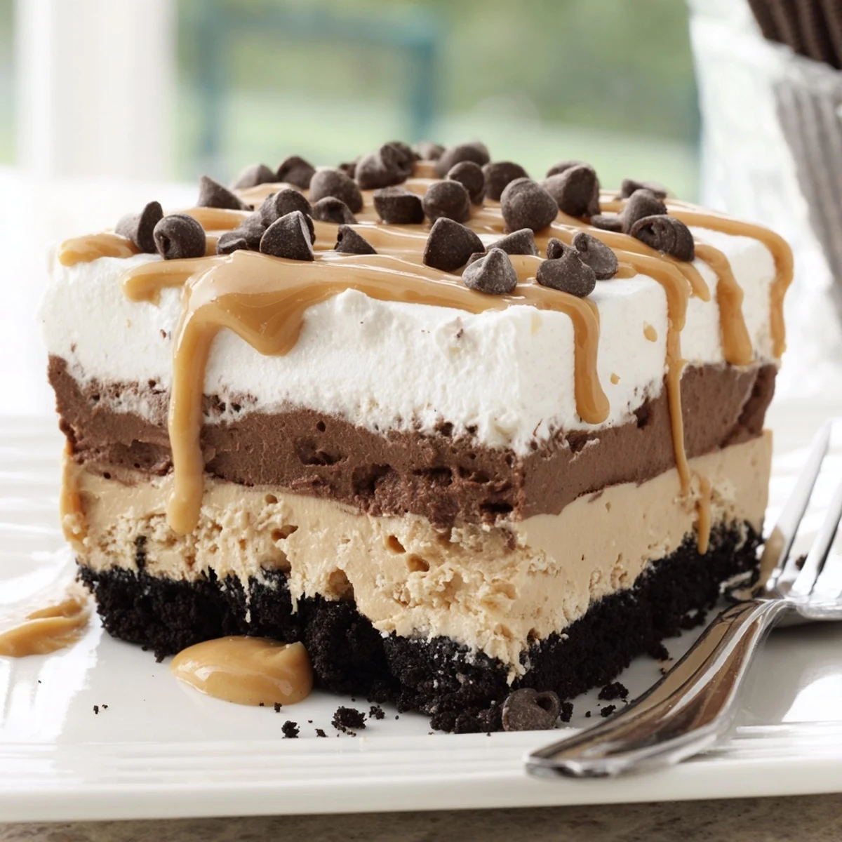 A chilled peanut butter layered delight sliced into squares showing creamy pudding layers