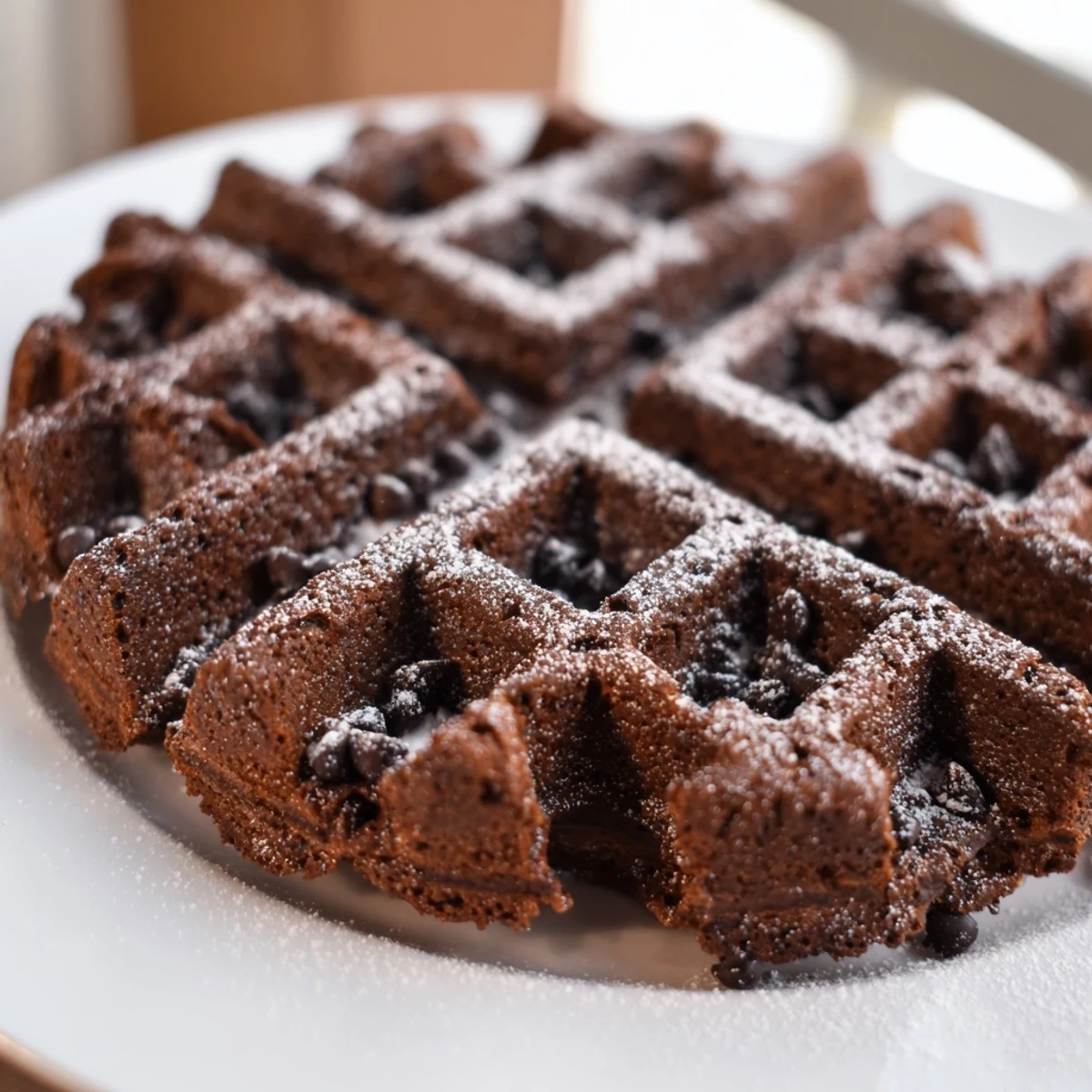 Crisp-edged fudgy brownie waffles with melted chocolate chips on a plate