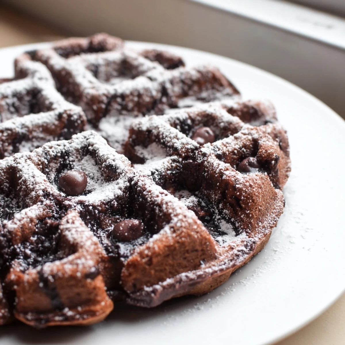Golden fudgy brownie waffles fresh off the iron with gooey chocolate centers