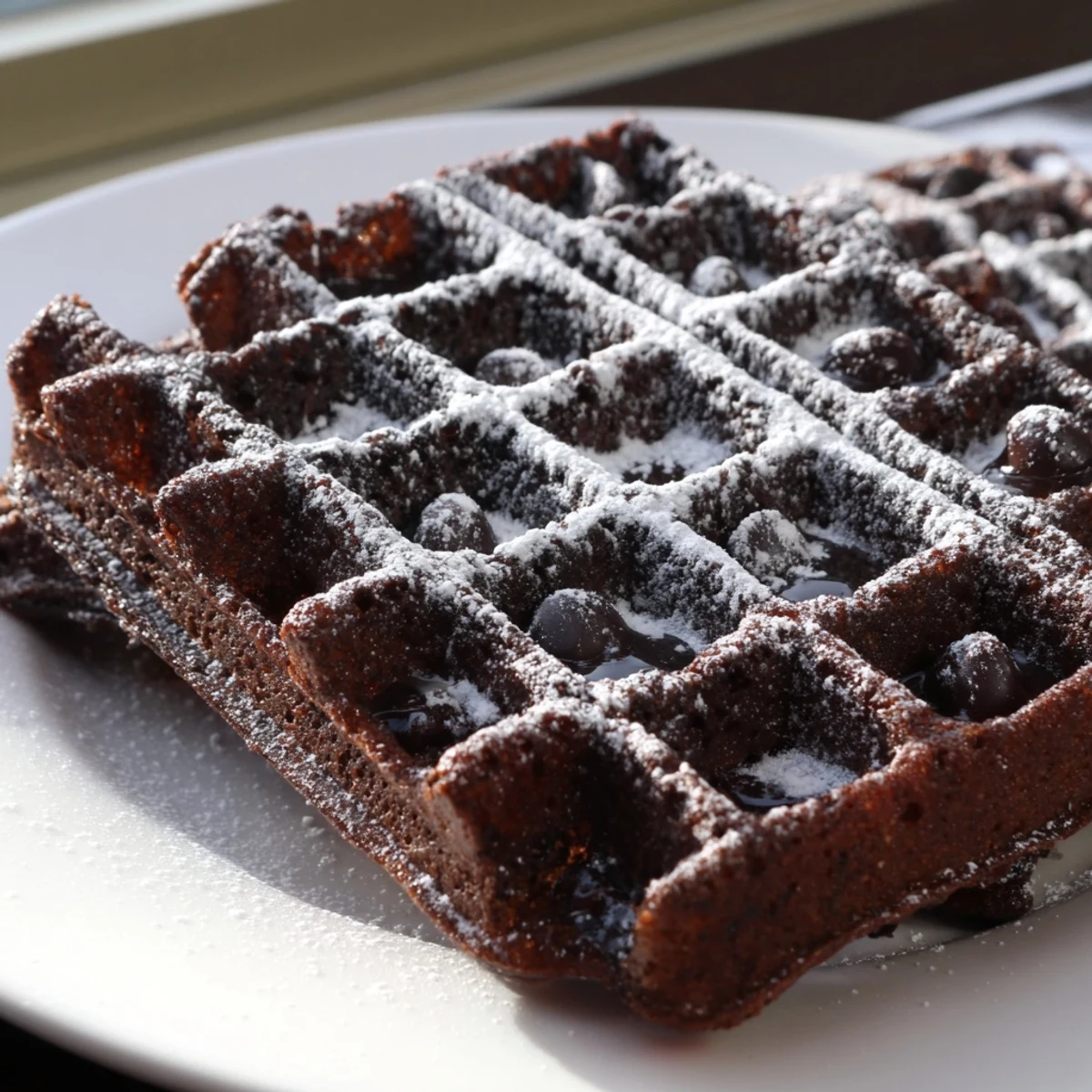 Warm fudgy brownie waffles drizzled with syrup and topped with berries