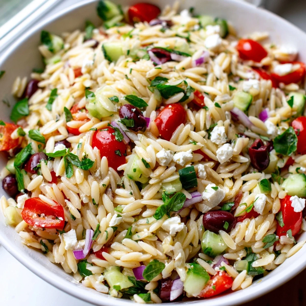 Colorful Mediterranean Orzo Pasta Salad in a bowl with cherry tomatoes and feta