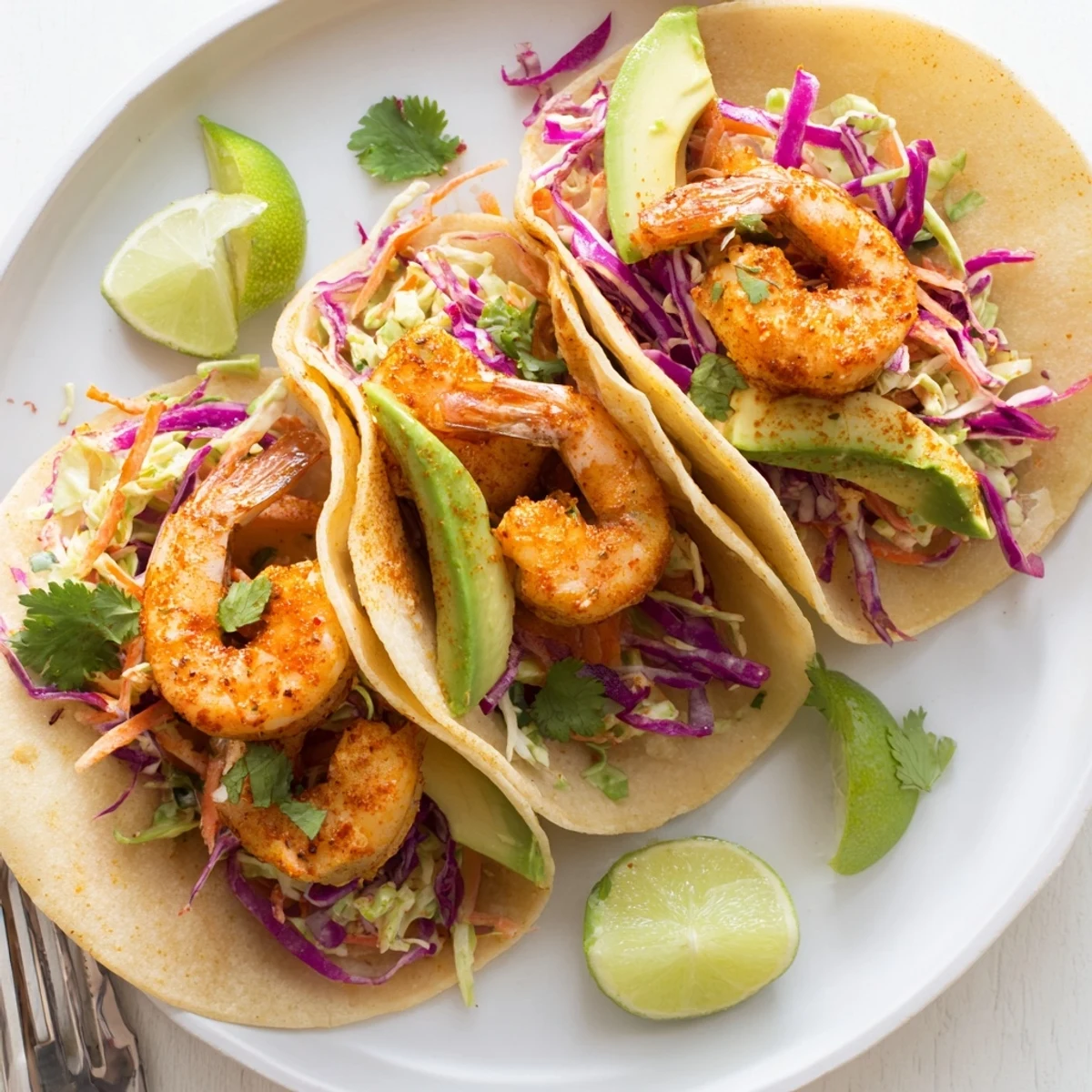 Crispy spiced shrimp nestled in warm tortillas topped with vibrant garlic cilantro lime slaw