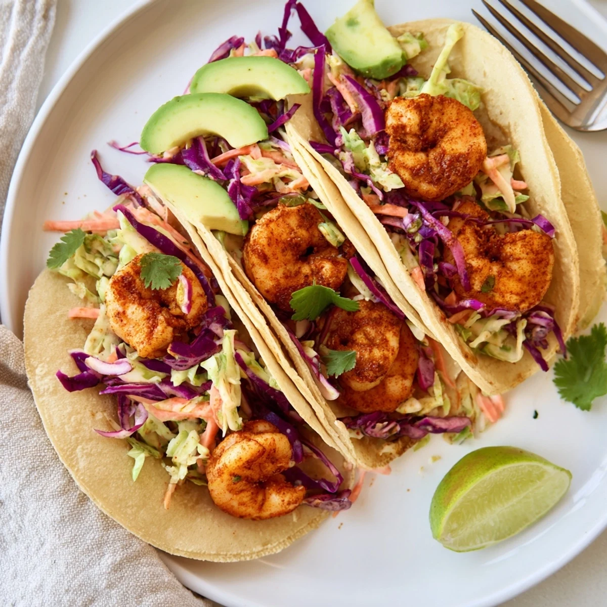 Golden pan-seared spicy shrimp tacos loaded with creamy tangy slaw and fresh avocado