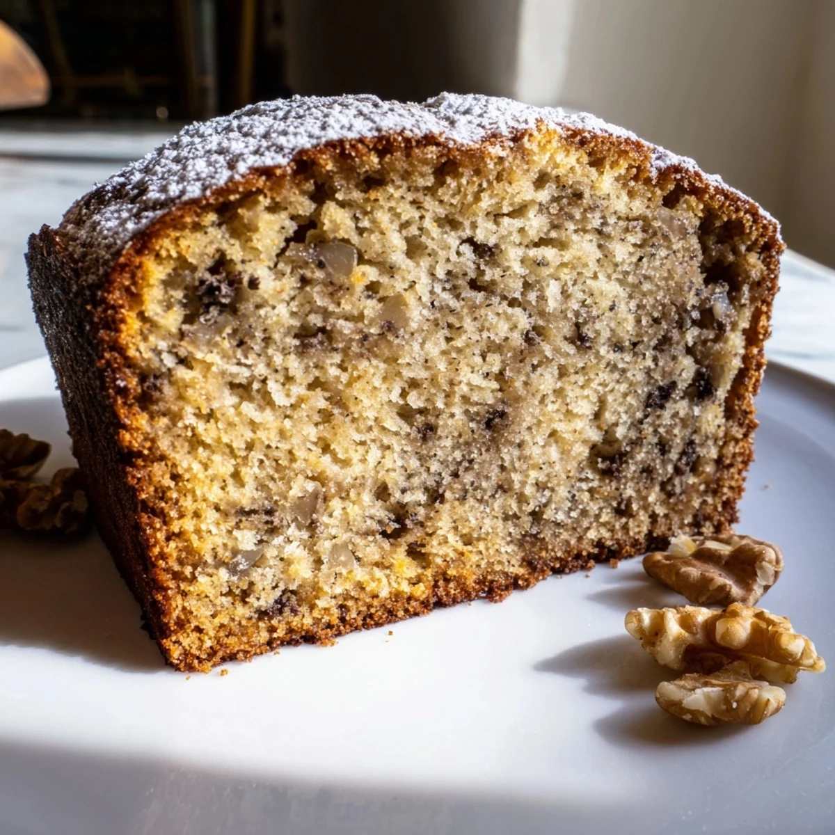 A moist banana cake sliced on a rustic wooden cutting board with crumbs