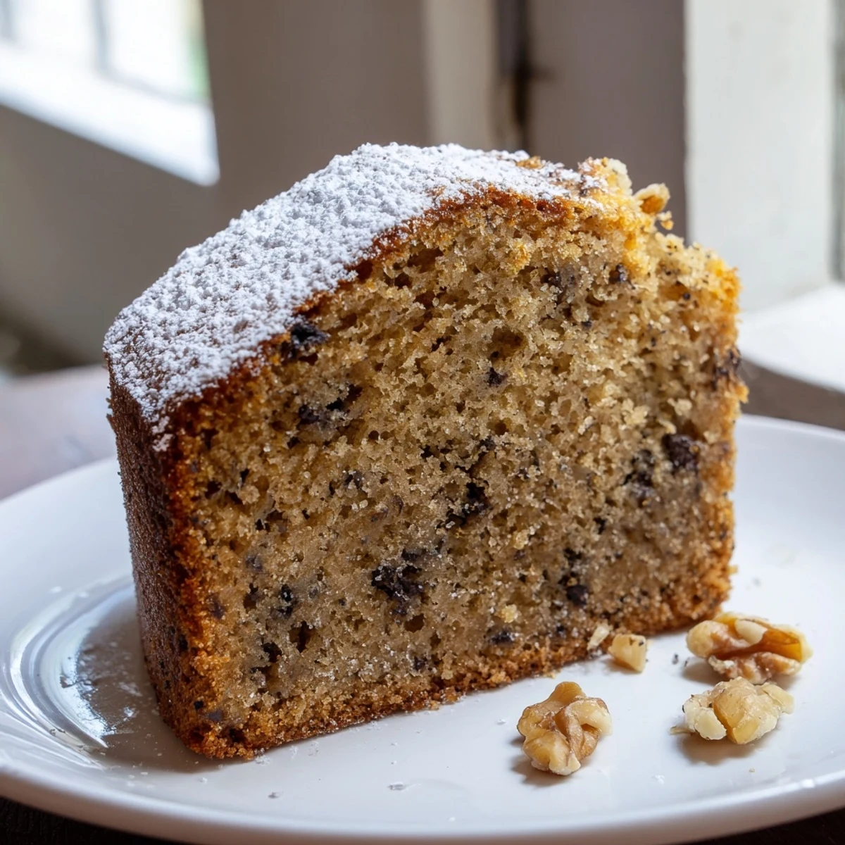 Golden banana cake topped with powdered sugar served on a white ceramic plate