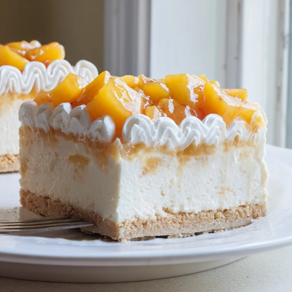 Golden sliced peaches crowning smooth peaches and cream cheesecake bars on a rustic plate