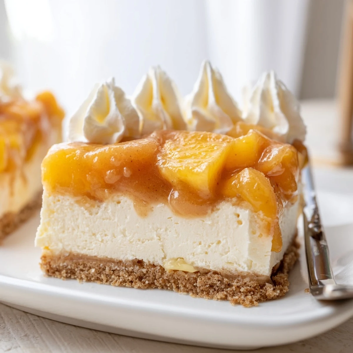 Creamy peaches and cream cheesecake bars with golden graham crust and whipped cream drizzle