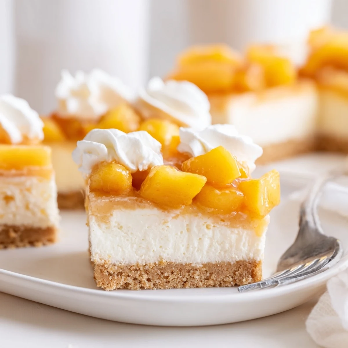 Chilled peaches and cream cheesecake bars cut into squares showing a rich buttery crust