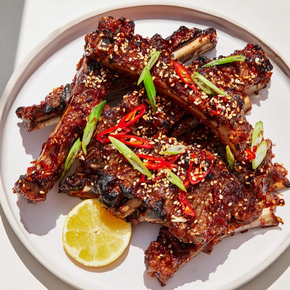 Caramelized Korean BBQ lamb ribs topped with sesame seeds and sliced spring onions