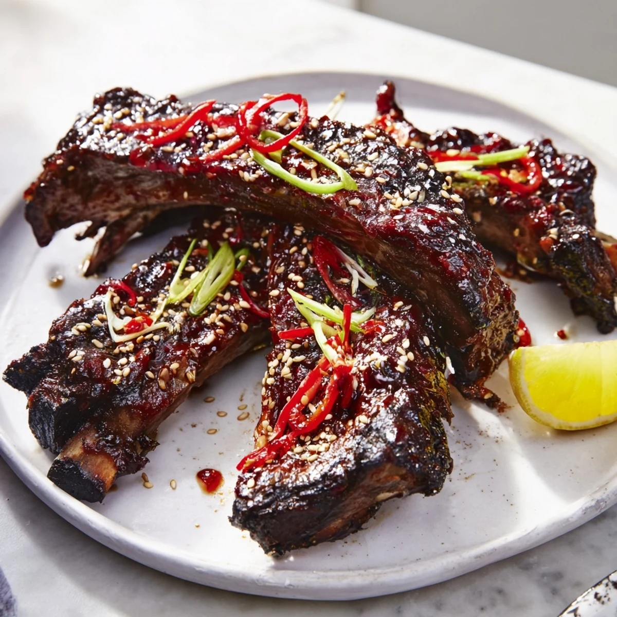 Juicy Korean BBQ lamb ribs glistening with sticky glaze and fresh yuzu citrus