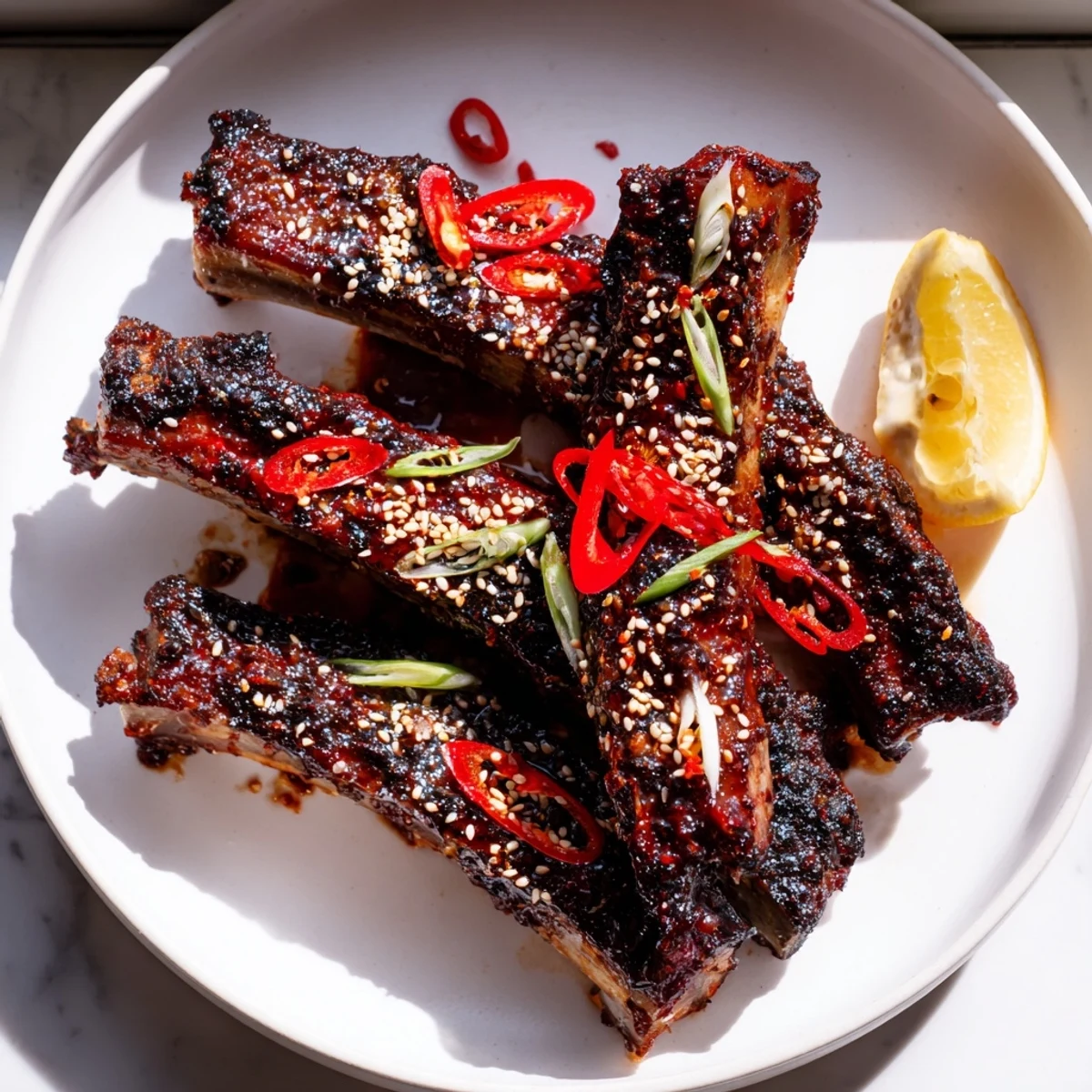 Charred Korean BBQ lamb ribs with vibrant gochujang glaze and bright yuzu wedges