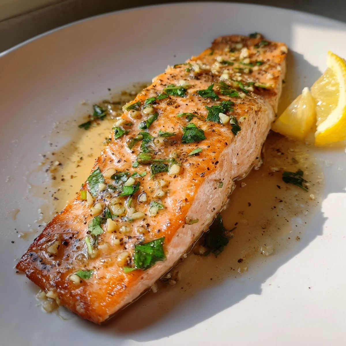 Pan-seared garlic butter salmon topped with fresh parsley and bright lemon wedges