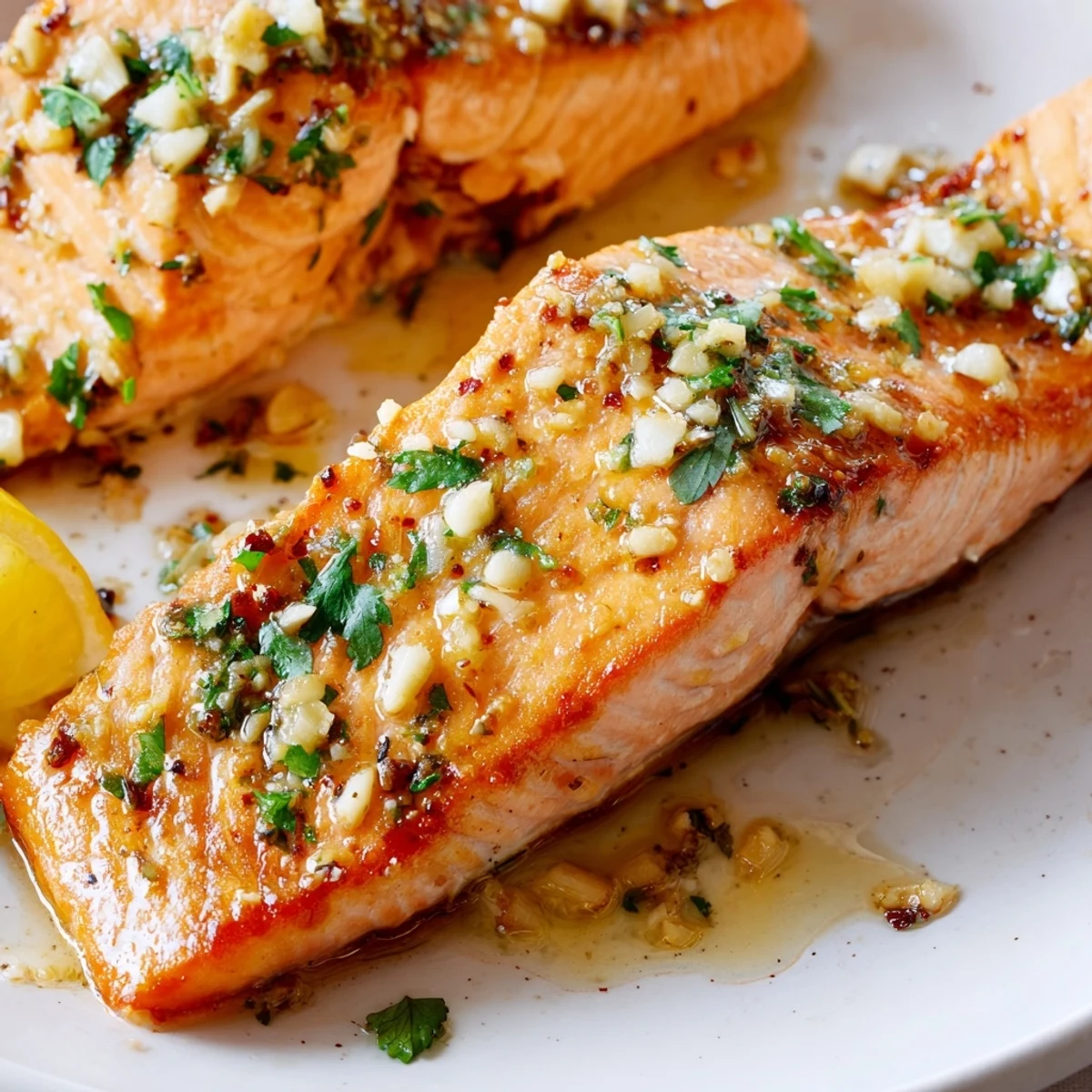 Golden garlic butter salmon fillets glistening with lemon herb sauce on a white plate
