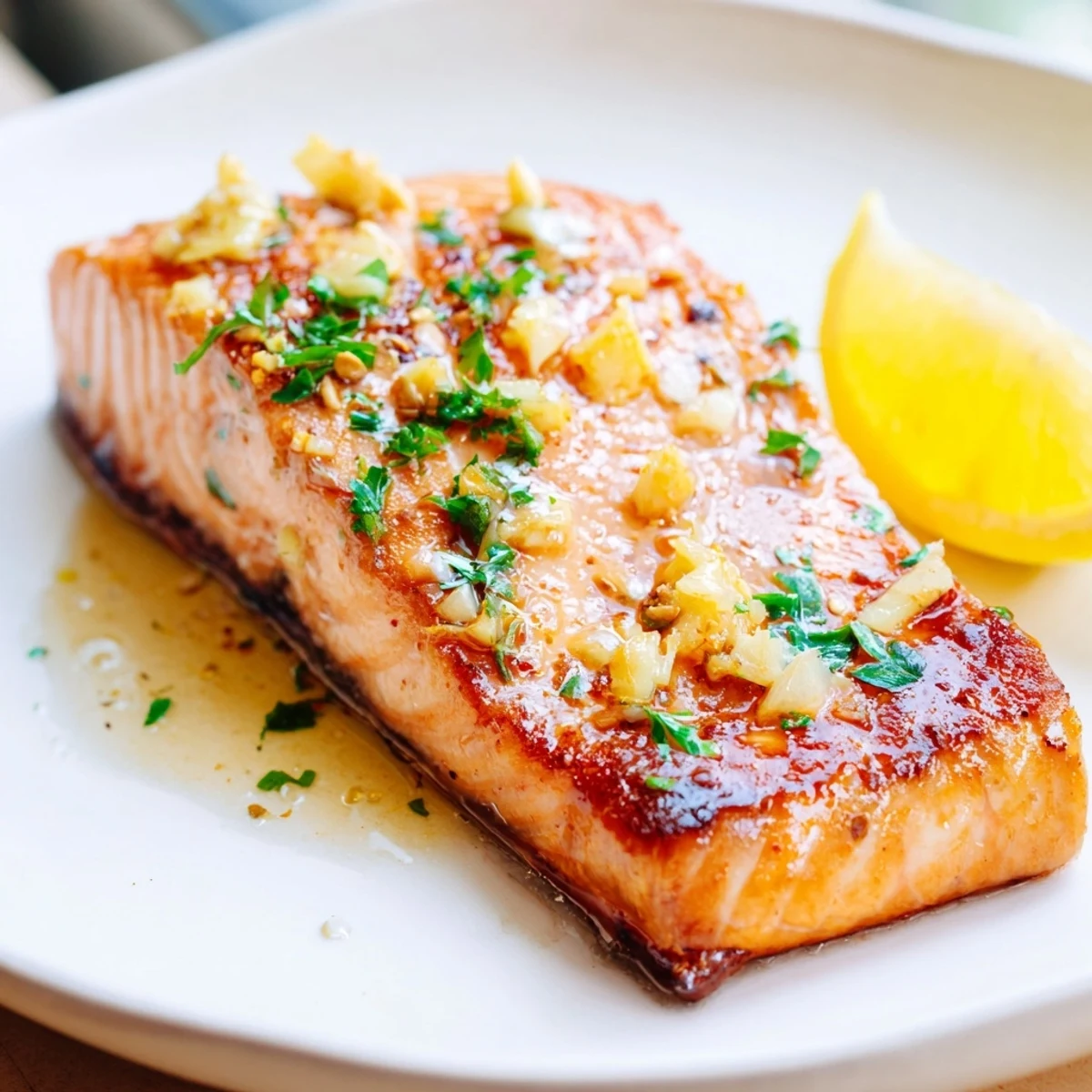Sizzling garlic butter salmon glazed in a rich, aromatic lemon butter sauce