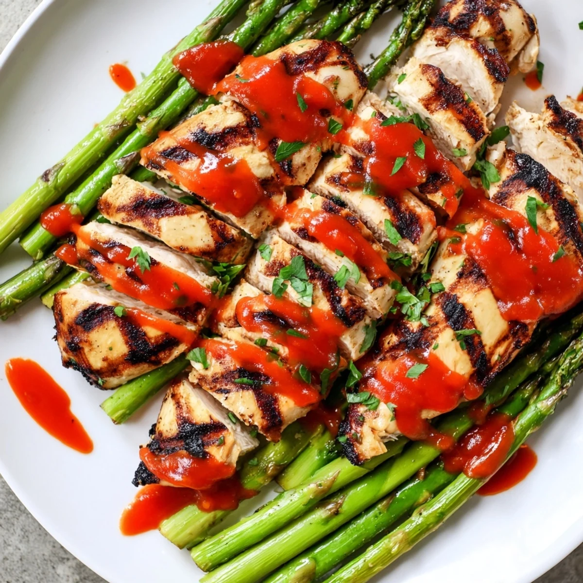Juicy grilled asparagus chicken drizzled with vibrant Calabrian chili sauce on a rustic plate