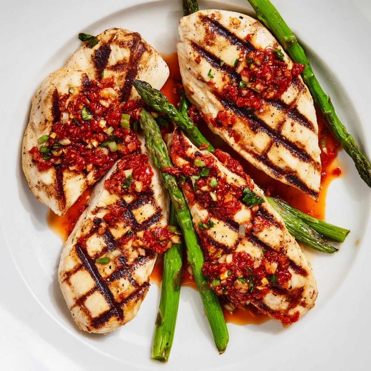 Smoky grilled asparagus chicken topped with spicy Calabrian chili sauce and fresh parsley